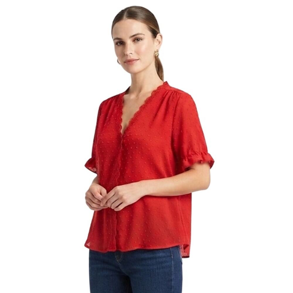 SHEIN Curve Red Blouse With Swiss Dot Lace V-Neckline Plus Size 2X